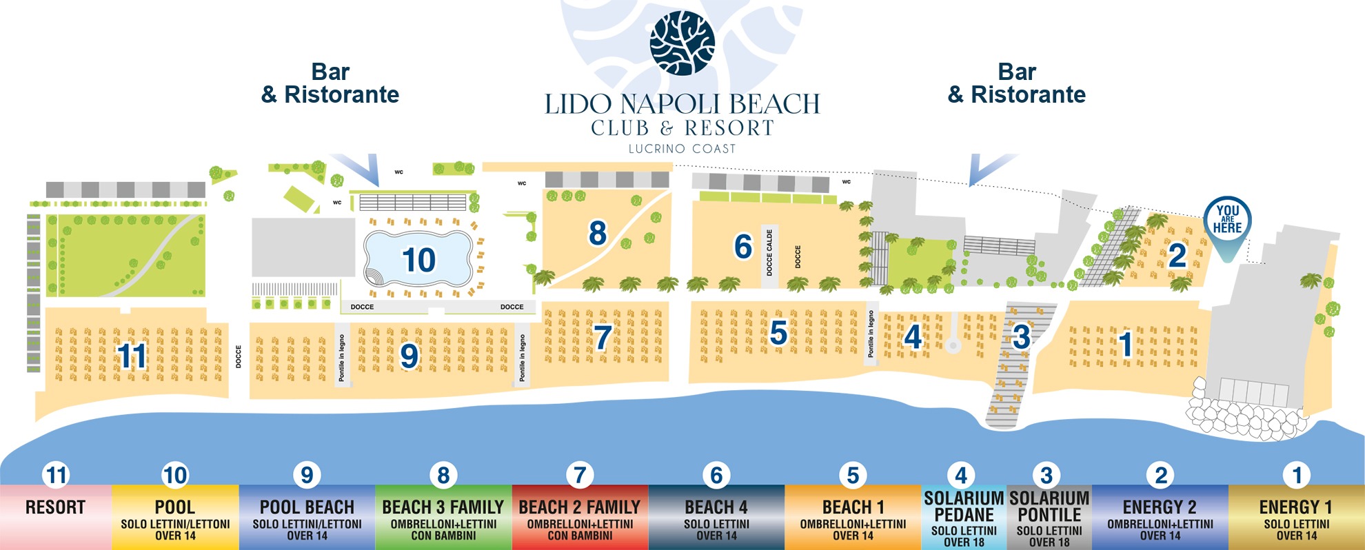 Piantina del Lido Napoli Beach Club & Resort — mappa dei settori spiaggia